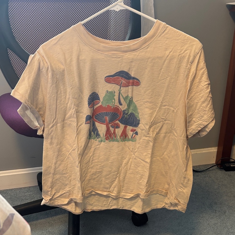 American Eagle Outfitters Cream Crop Top with Frog and Mushroom Design